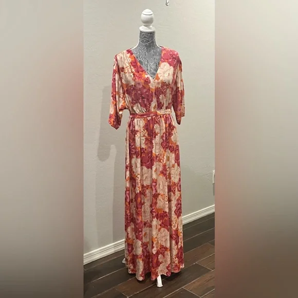 Floral V-Neck Maxi Dress in Rose, Orange and Cream - Picture 1 of 5